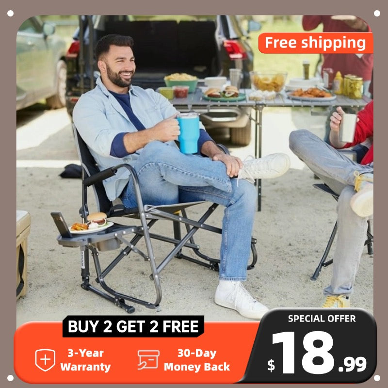 Comfort Camping Chair — Portable & Foldable · Padded Seat · Side Cup Holder for a More Relaxing Outdoor Experience.