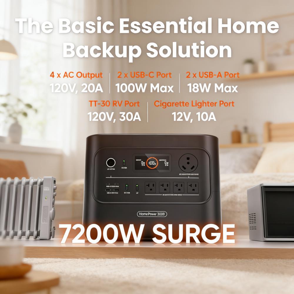 072Wh LFP battery with 3600W continuous output (7200W surge), ideal for home backup, power outages, RVs, and emergencies.