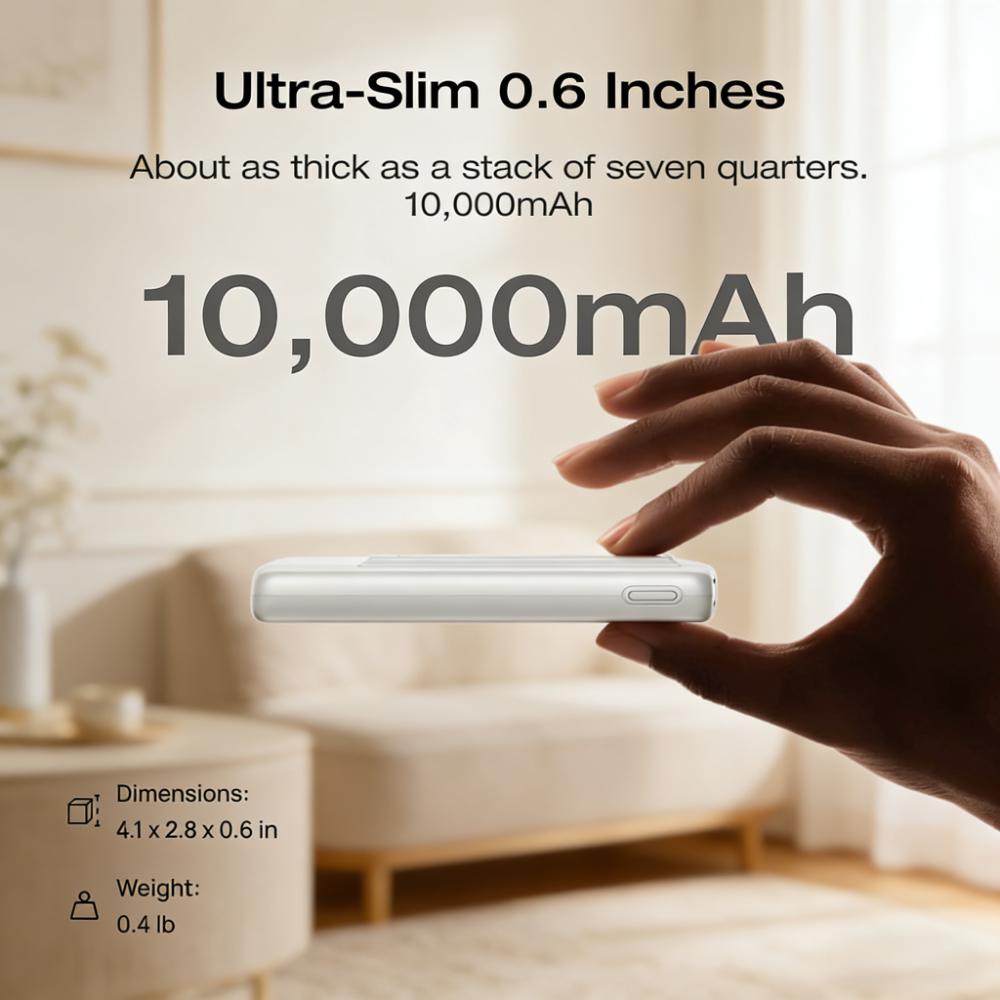 Magnetic Wireless Power Bank, 10,000mAh, 30W Fast Charging, Compatible with iPhone & AirPods, White