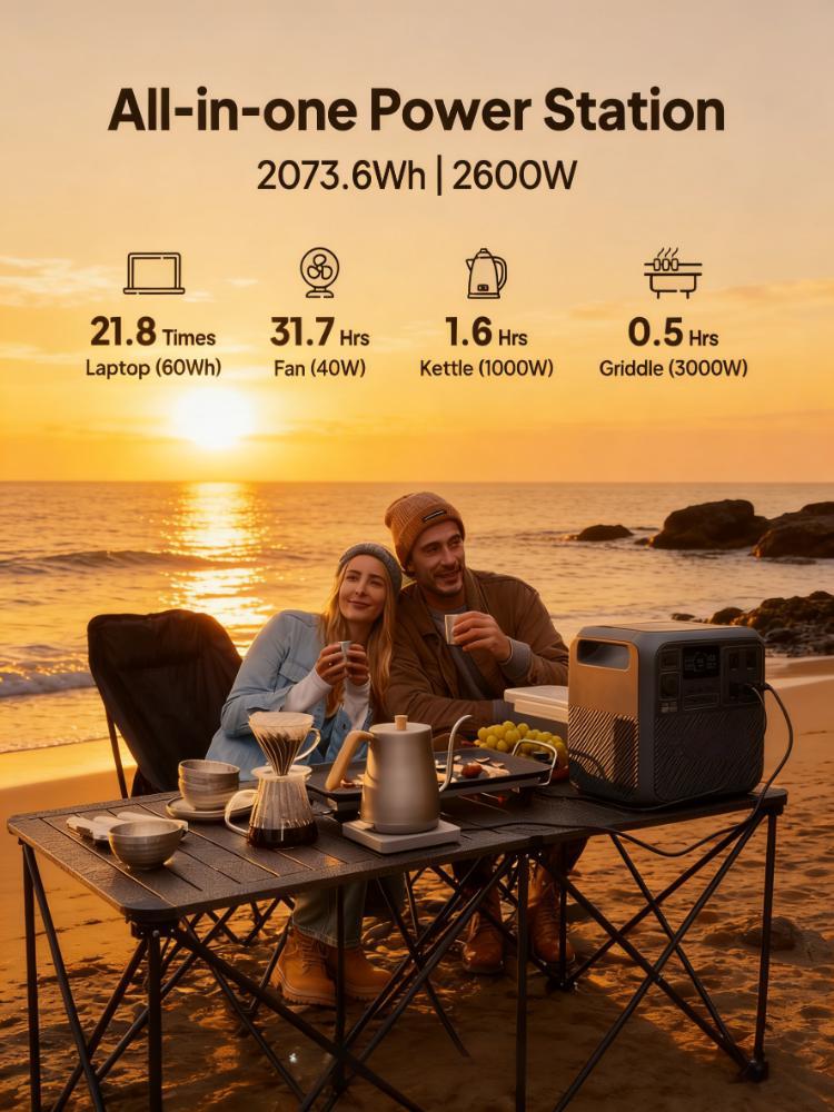 2000Wh Portable Solar Generator, 4 AC Outlets, 17-Year Lifespan, Off-grid Power for Camping