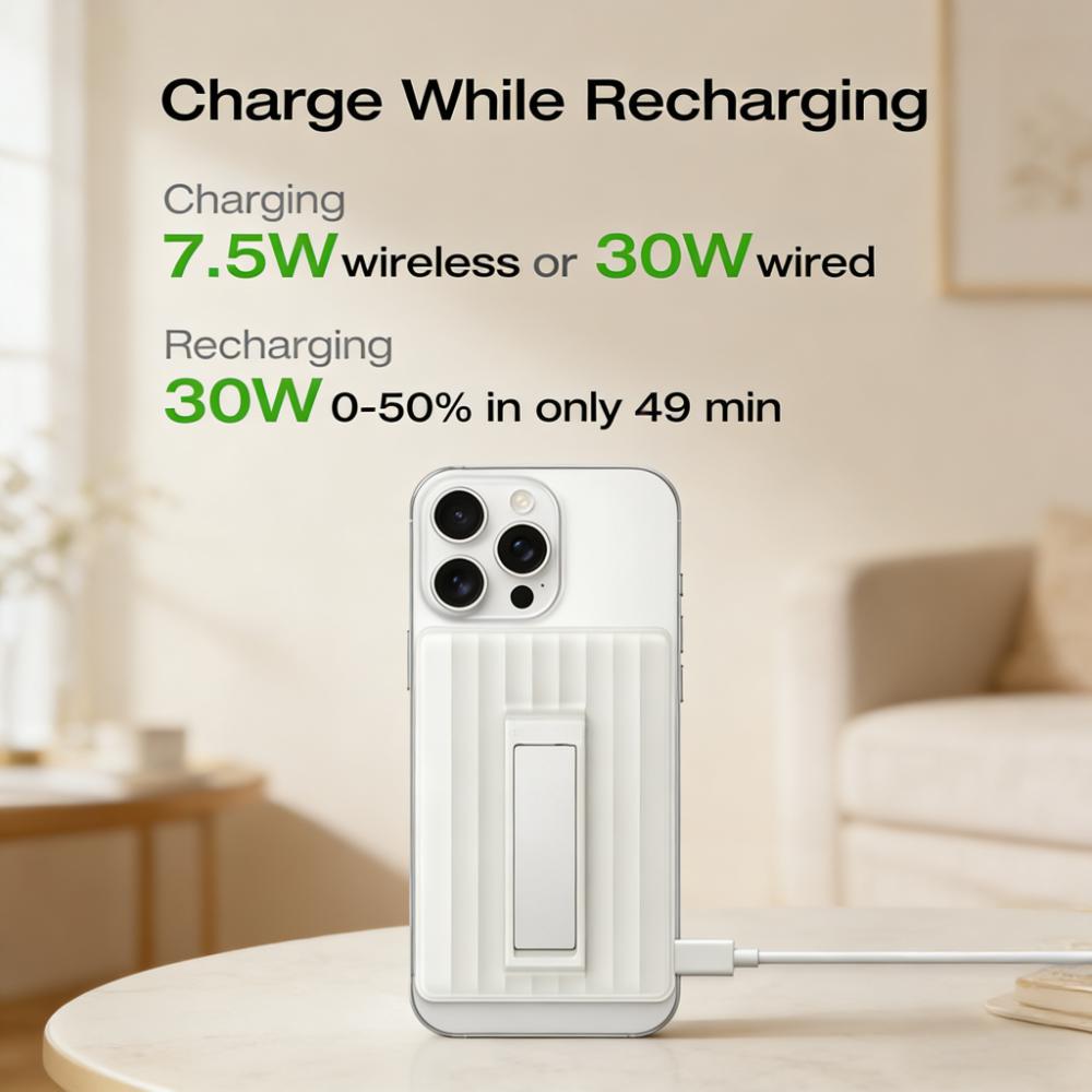 Magnetic Wireless Power Bank, 10,000mAh, 30W Fast Charging, Compatible with iPhone & AirPods, White